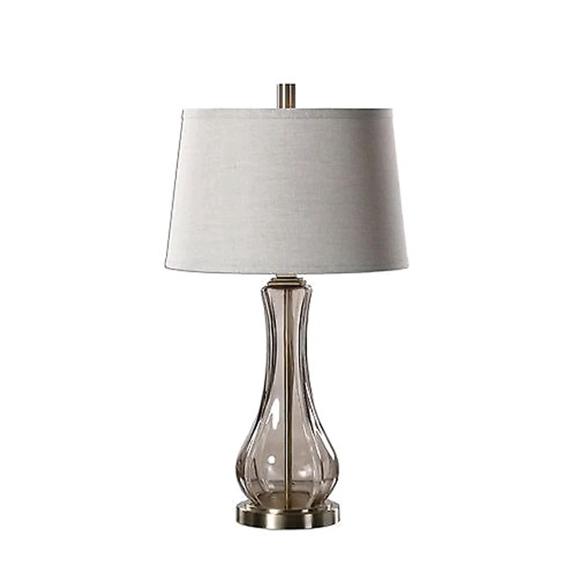 Contemporary Scandinavian Glass Base Fabric Lampshade 1 - Light Table Lamp For Living Room