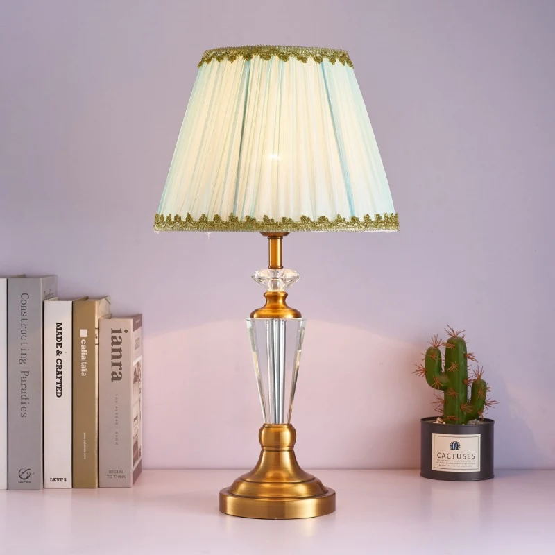 Traditional European Fabric Lampshade Crystal Copper Base 1 - Light Table Lamp For Living Room
