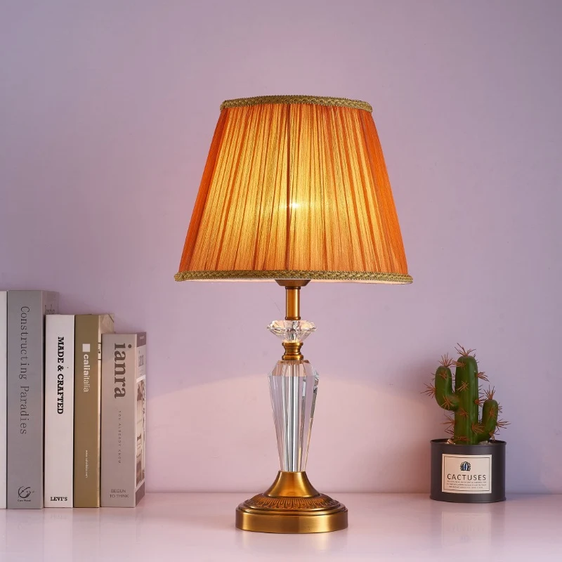Traditional European Fabric Lampshade Crystal Copper Base 1 - Light Table Lamp For Living Room