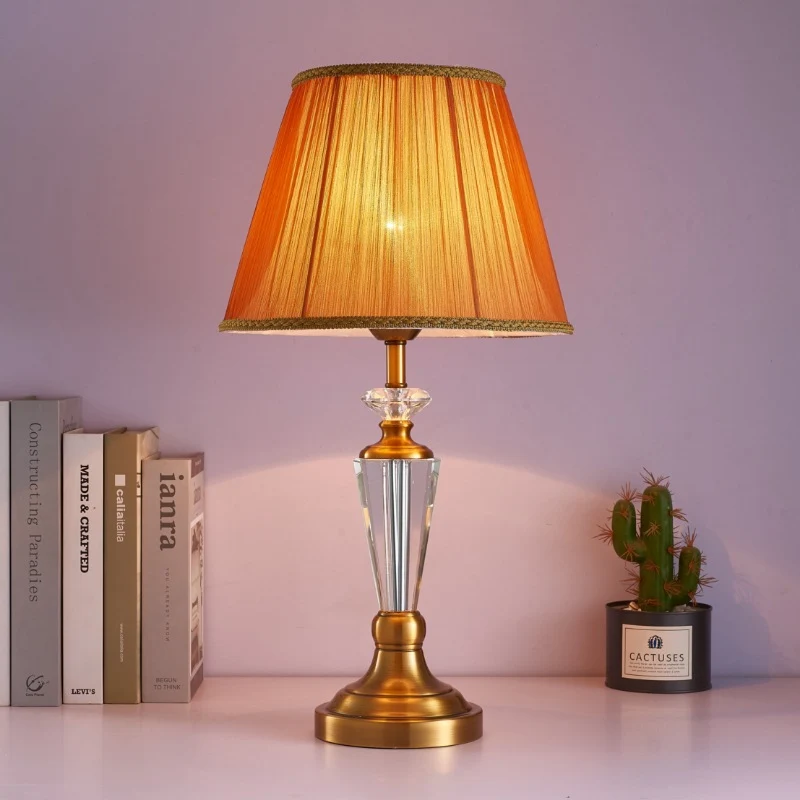 Traditional European Fabric Lampshade Crystal Copper Base 1 - Light Table Lamp For Living Room