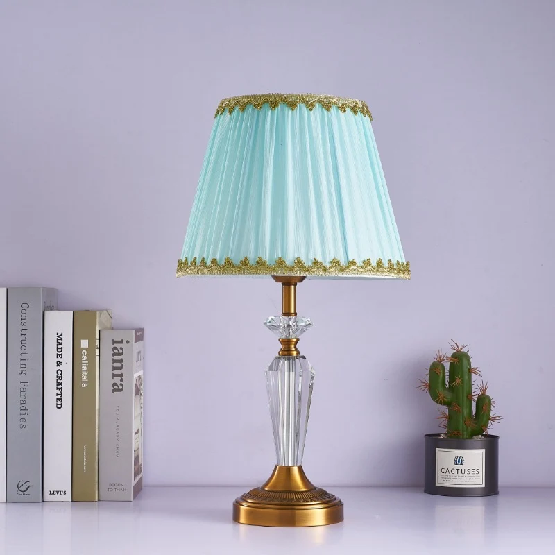 Traditional European Fabric Lampshade Crystal Copper Base 1 - Light Table Lamp For Living Room