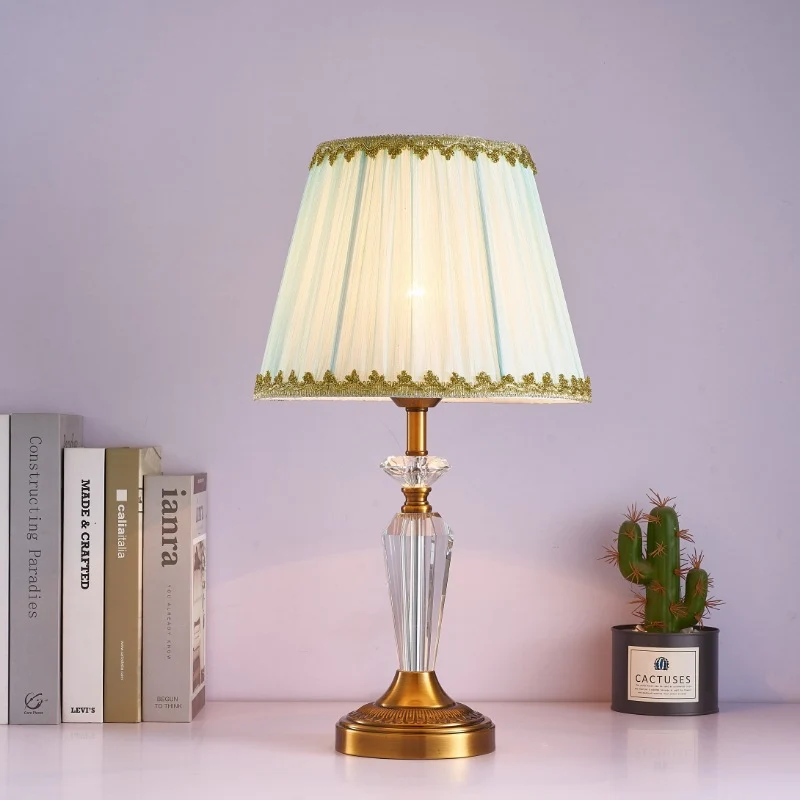 Traditional European Fabric Lampshade Crystal Copper Base 1 - Light Table Lamp For Living Room