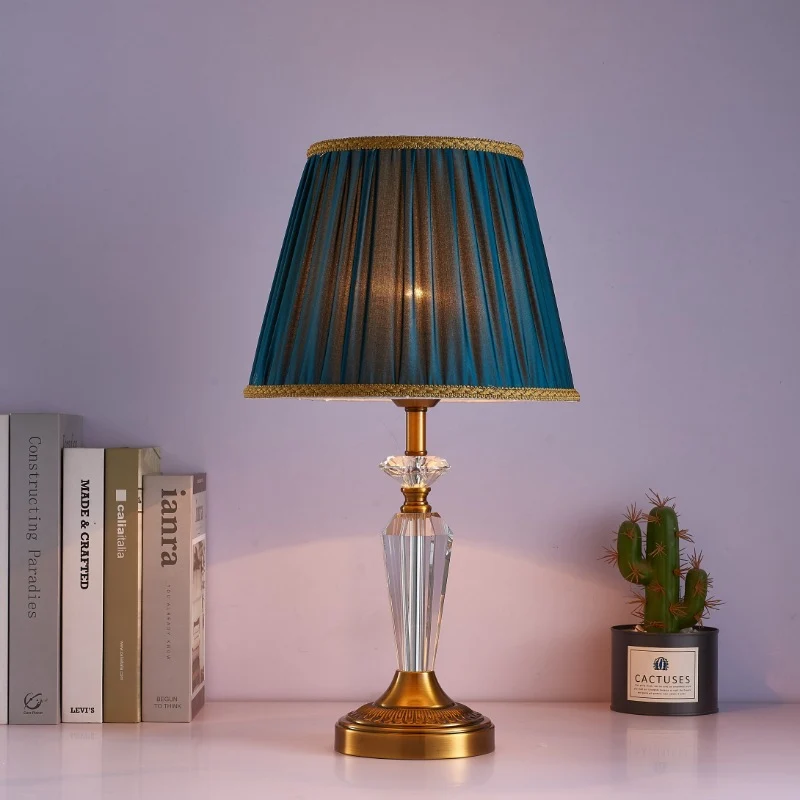 Traditional European Fabric Lampshade Crystal Copper Base 1 - Light Table Lamp For Living Room