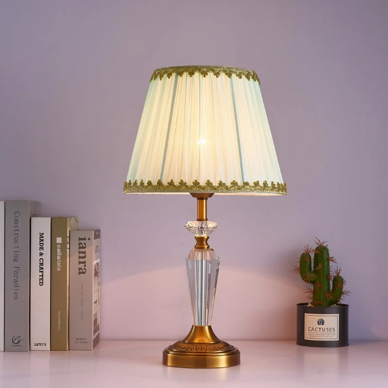 Traditional European Fabric Lampshade Crystal Copper Base 1 - Light Table Lamp For Living Room