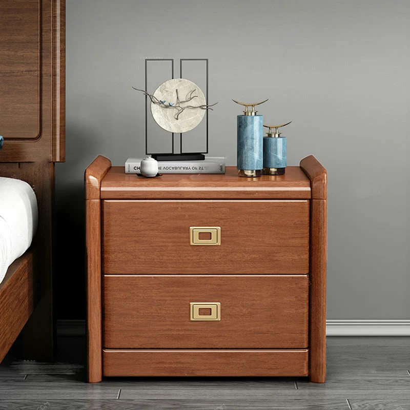 Traditional Chinese Square Cube Brass Walnut Wood Plywood Nightstand 2 - Drawer For Bedroom