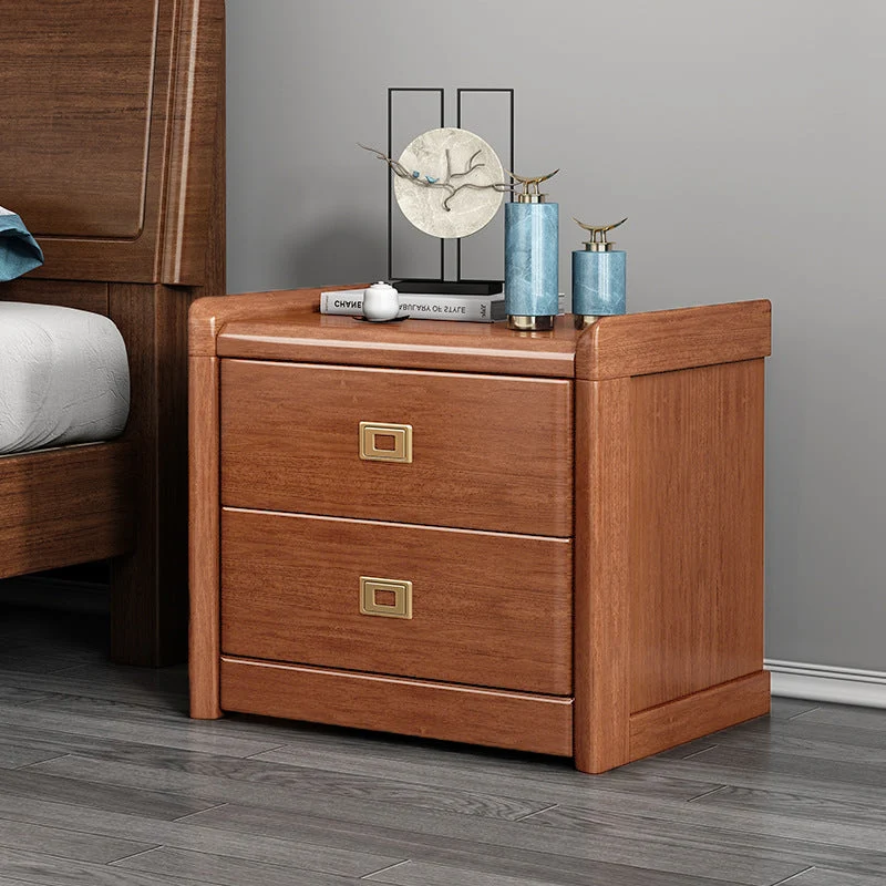 Traditional Chinese Square Cube Brass Walnut Wood Plywood Nightstand 2 - Drawer For Bedroom