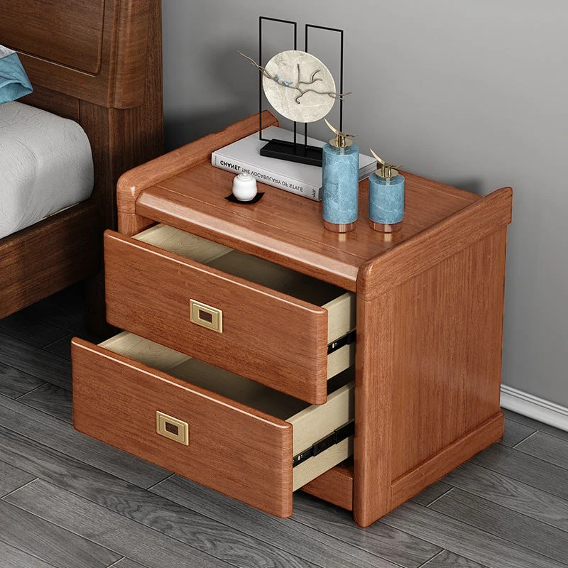 Traditional Chinese Square Cube Brass Walnut Wood Plywood Nightstand 2 - Drawer For Bedroom