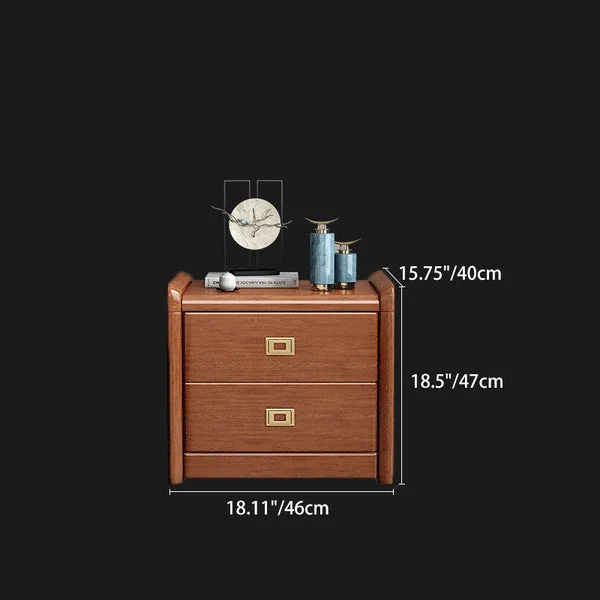 Traditional Chinese Square Cube Brass Walnut Wood Plywood Nightstand 2 - Drawer For Bedroom