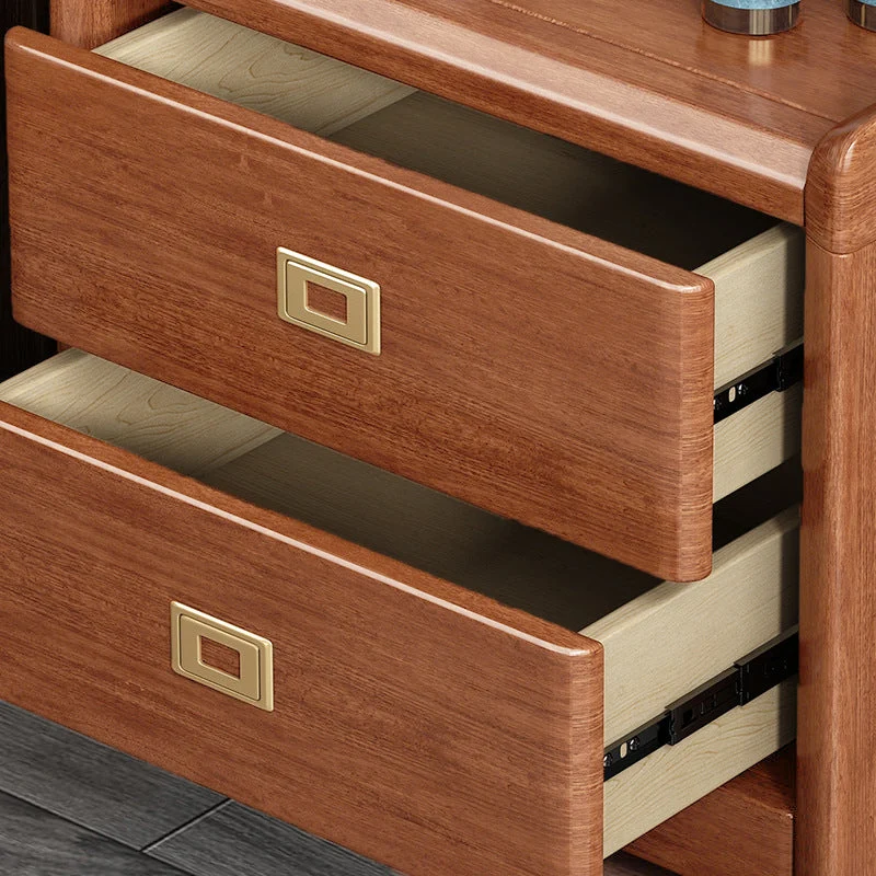 Traditional Chinese Square Cube Brass Walnut Wood Plywood Nightstand 2 - Drawer For Bedroom