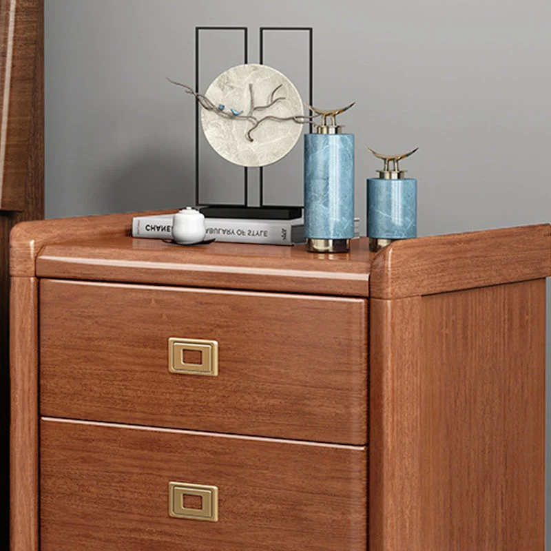 Traditional Chinese Square Cube Brass Walnut Wood Plywood Nightstand 2 - Drawer For Bedroom