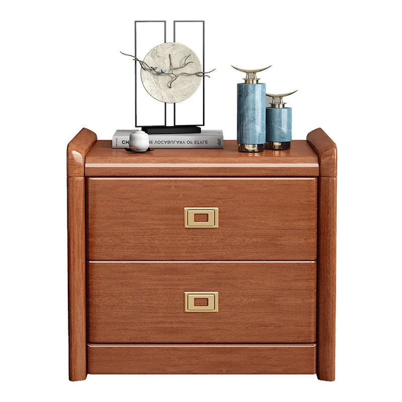 Traditional Chinese Square Cube Brass Walnut Wood Plywood Nightstand 2 - Drawer For Bedroom
