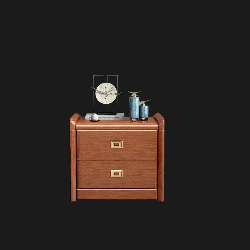 Traditional Chinese Square Cube Brass Walnut Wood Plywood Nightstand 2 - Drawer For Bedroom
