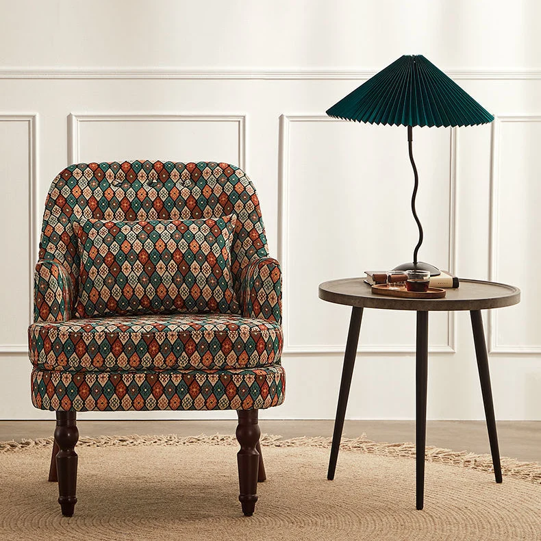 Traditional Vintage Square Cotton Linen Solid Wood Accent Chair Backrest Armrest For Living Room