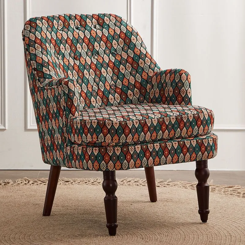 Traditional Vintage Square Cotton Linen Solid Wood Accent Chair Backrest Armrest For Living Room