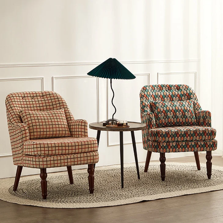 Traditional Vintage Square Cotton Linen Solid Wood Accent Chair Backrest Armrest For Living Room