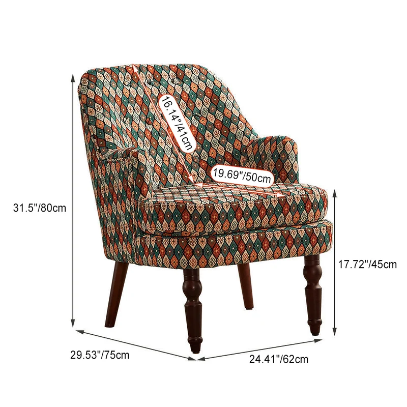Traditional Vintage Square Cotton Linen Solid Wood Accent Chair Backrest Armrest For Living Room
