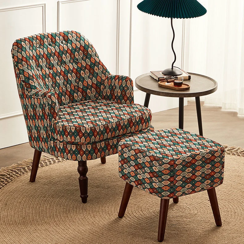Traditional Vintage Square Cotton Linen Solid Wood Accent Chair Backrest Armrest For Living Room