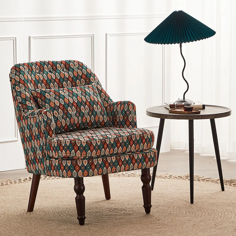 Traditional Vintage Square Cotton Linen Solid Wood Accent Chair Backrest Armrest For Living Room