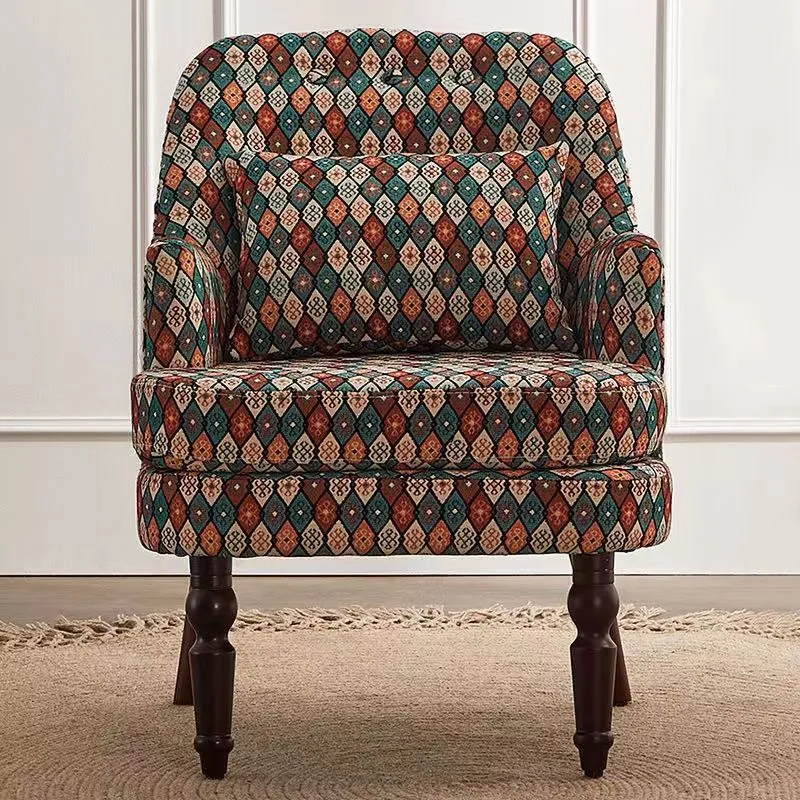Traditional Vintage Square Cotton Linen Solid Wood Accent Chair Backrest Armrest For Living Room