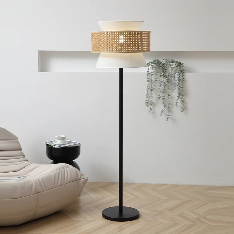Contemporary Nordic Multi-Round Fabric Rattan Cane Webbing Iron 1- Light Standing Floor Lamp For Living Room