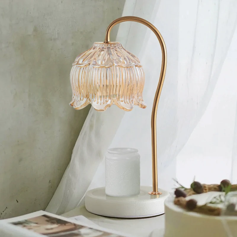 Modern Art Deco Flower Shape Round Iron Glass Wood Marble 1-Light Melting Wax Table Lamp For Bedroom