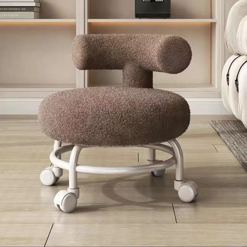 Modern Minimalist Round Upholstered Sherpa Fabric Iron Frame Low Stool Curved Backrest For Living Room