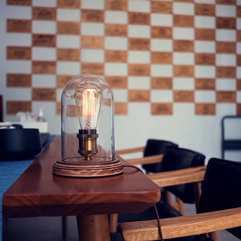 Traditional Vintage Oval Cylinder Round Wood Glass 1-Light Table Lamp For Bedroom
