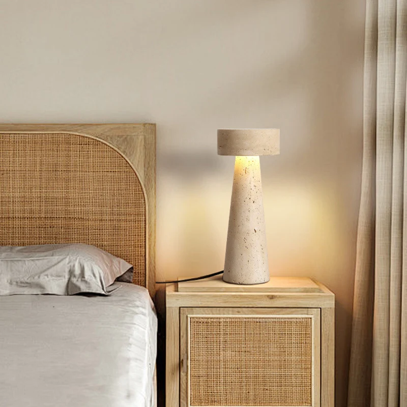 Traditional Japanese Round Cone Yellow Travertine LED Table Lamp For Bedroom