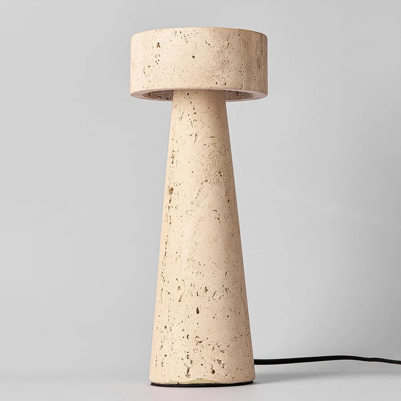 Traditional Japanese Round Cone Yellow Travertine LED Table Lamp For Bedroom