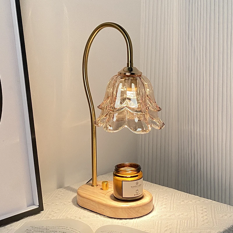 Contemporary Creative Bell Orchid Flower Solid Wood Base Hardware Frame Glass Shade 1-Light Aromatherapy Melting Wax Table Lamp For Bedroom