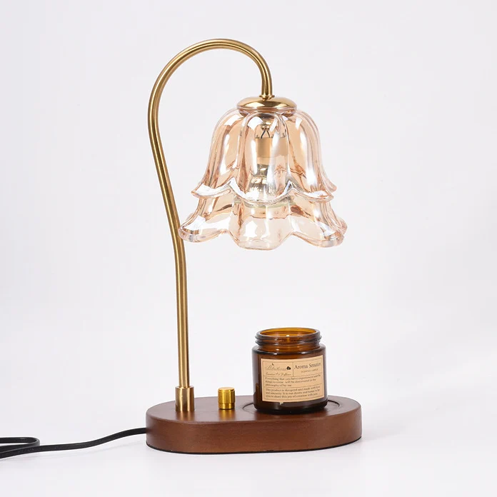 Contemporary Creative Bell Orchid Flower Solid Wood Base Hardware Frame Glass Shade 1-Light Aromatherapy Melting Wax Table Lamp For Bedroom