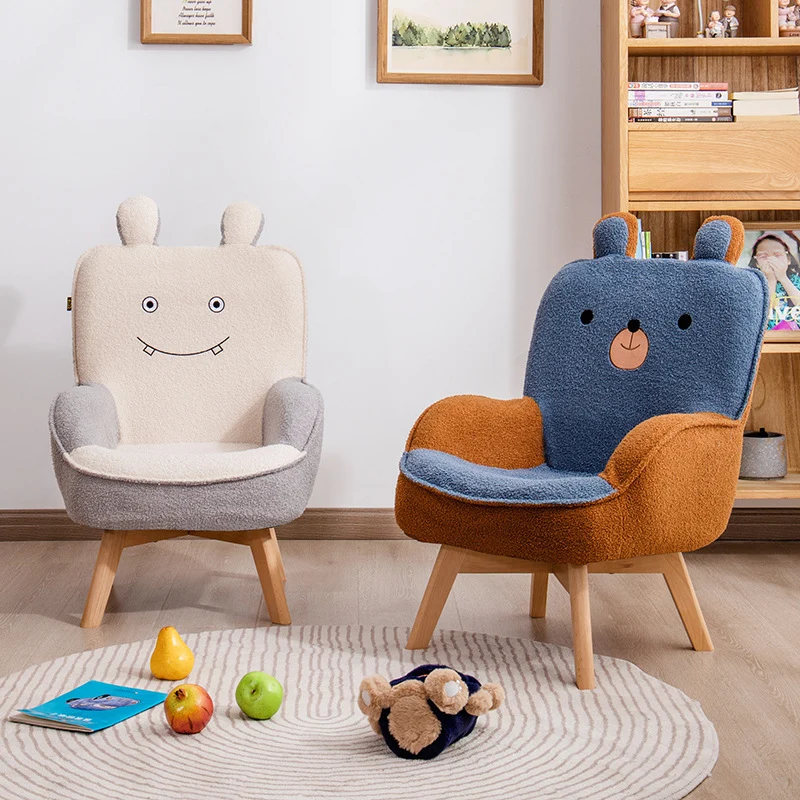 Contemporary Creative Cartoon Embroidery Teddy Velvet Beech Wood Kids Accent Chair Backrest Armrest For Living Room