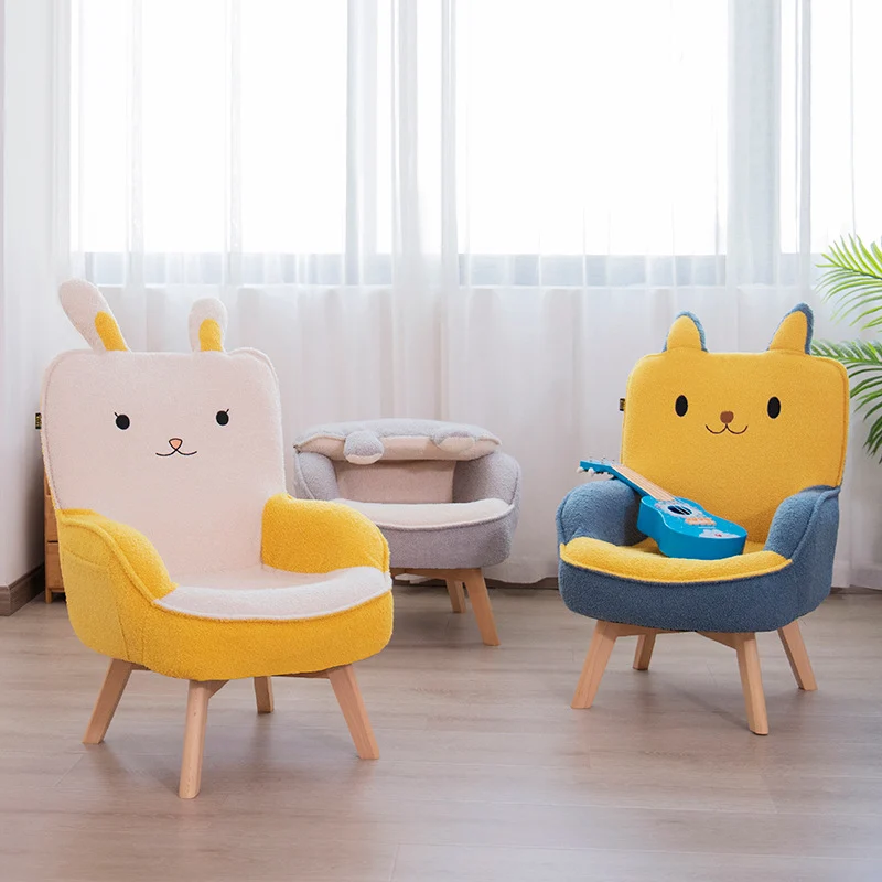Contemporary Creative Cartoon Embroidery Teddy Velvet Beech Wood Kids Accent Chair Backrest Armrest For Living Room
