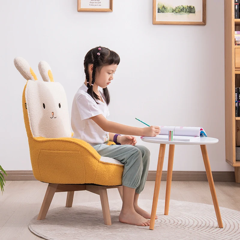Contemporary Creative Cartoon Embroidery Teddy Velvet Beech Wood Kids Accent Chair Backrest Armrest For Living Room