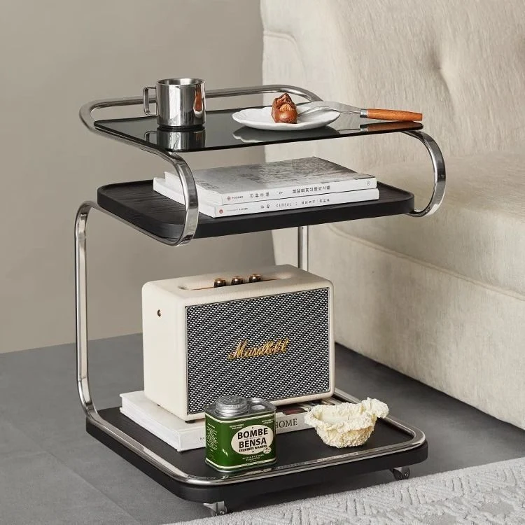 Contemporary Retro Reinforced Glass MDF Iron Square Side Table 3-Tier Movable For Living Room