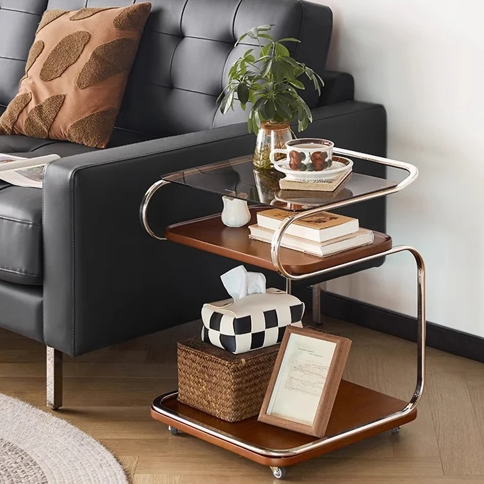 Contemporary Retro Reinforced Glass MDF Iron Square Side Table 3-Tier Movable For Living Room