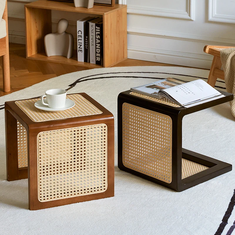 Traditional Japanese Square Rubberwood Rattan End Table For Living Room