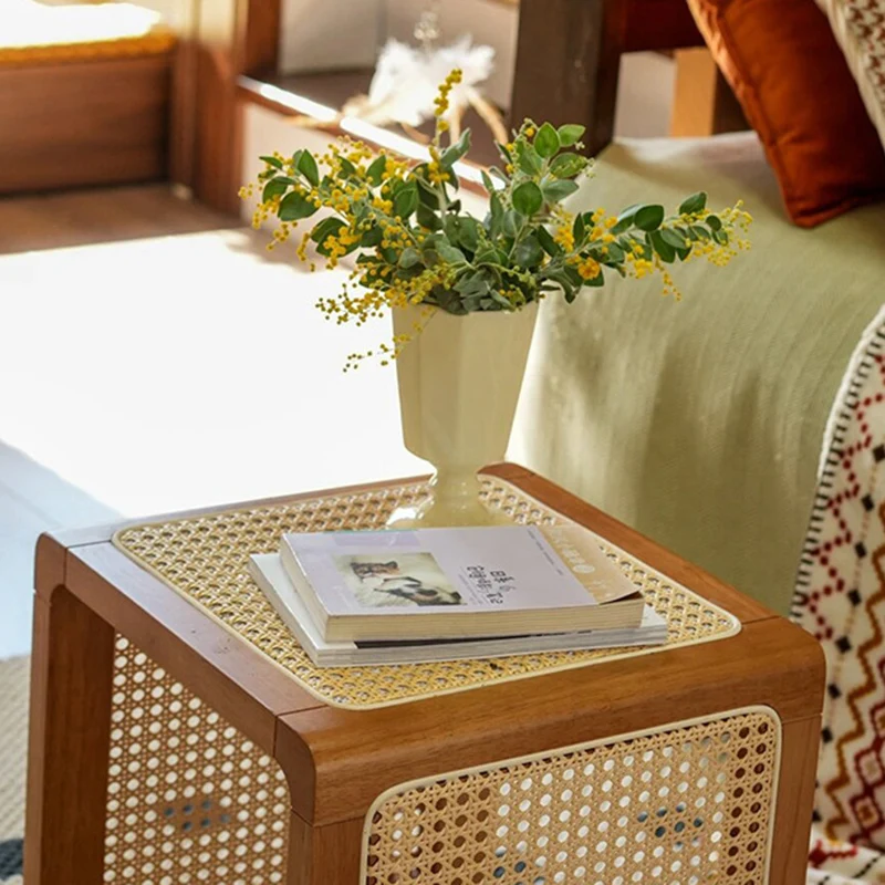 Traditional Japanese Square Rubberwood Rattan End Table For Living Room
