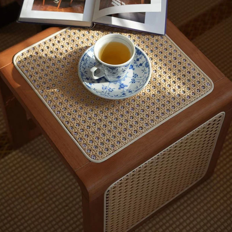 Traditional Japanese Square Rubberwood Rattan End Table For Living Room