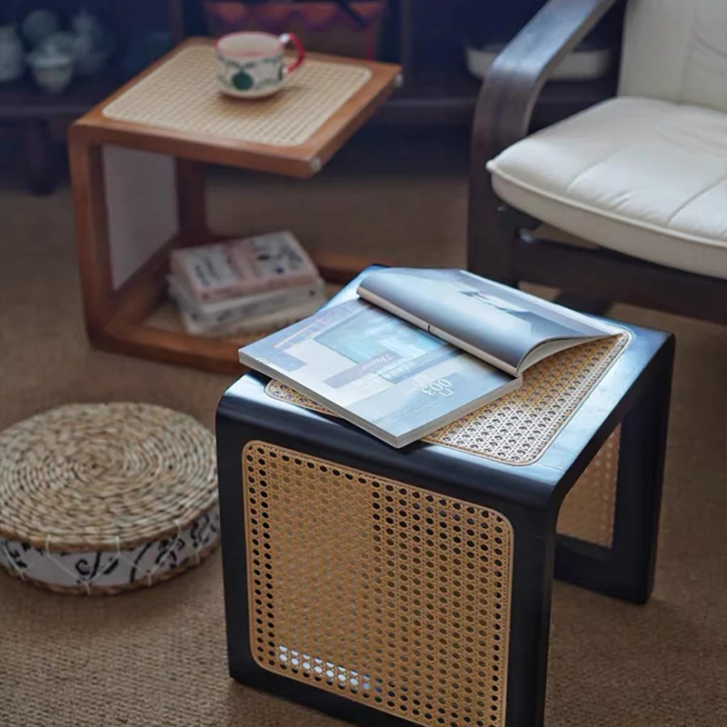 Traditional Japanese Square Rubberwood Rattan End Table For Living Room