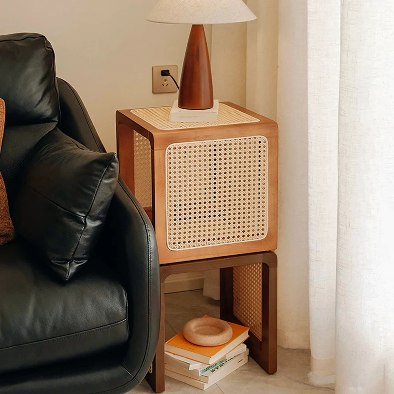 Traditional Japanese Square Rubberwood Rattan End Table For Living Room