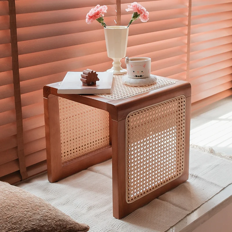 Traditional Japanese Square Rubberwood Rattan End Table For Living Room
