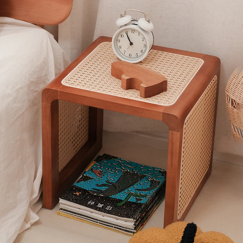 Traditional Japanese Square Rubberwood Rattan End Table For Living Room