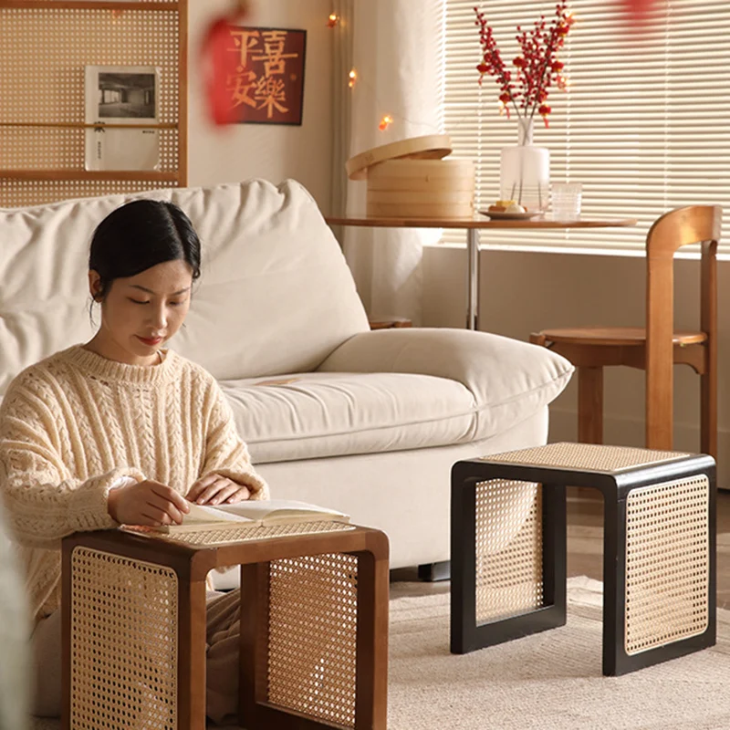 Traditional Japanese Square Rubberwood Rattan End Table For Living Room