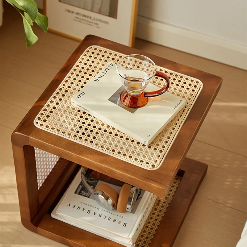 Traditional Japanese Square Rubberwood Rattan End Table For Living Room