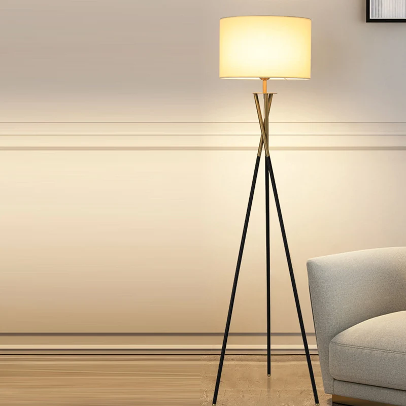 Contemporary Nordic Tripod Base Drum Shape Fabric Iron 1- Light Standing Floor Lamp For Living Room