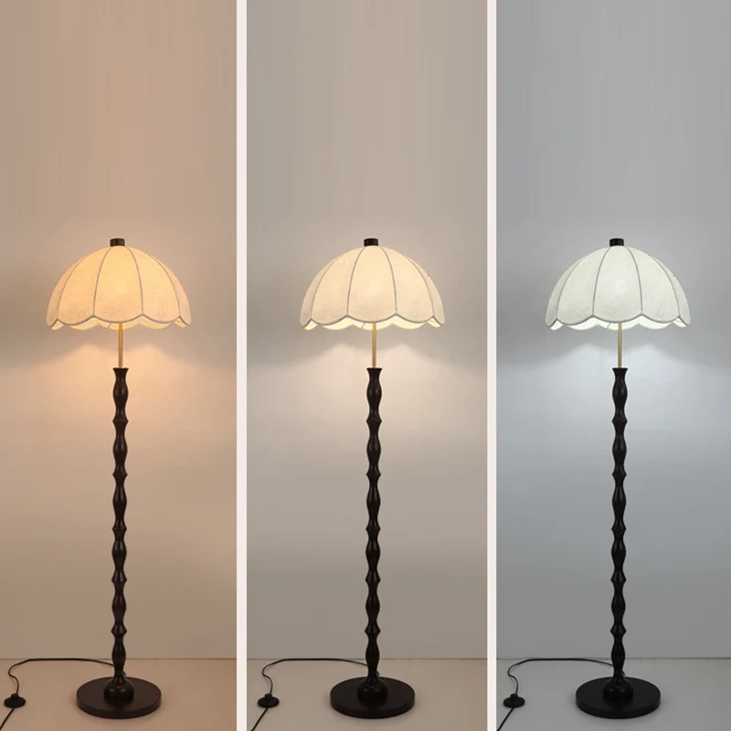 Contemporary Retro Fabric Round Shade Iron Wood 1-Light Standing Floor Lamp For Living Room