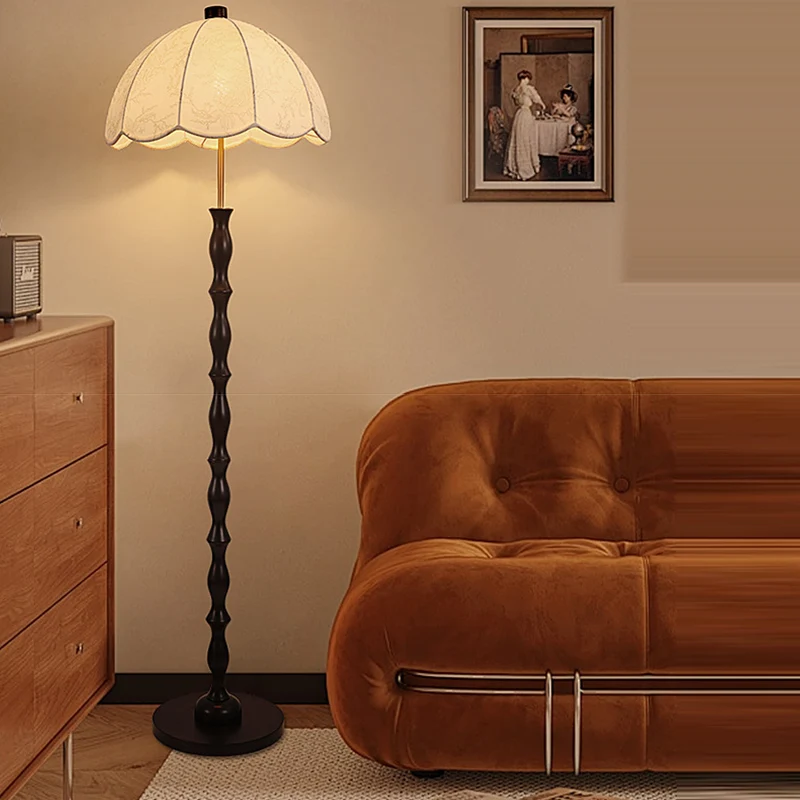 Contemporary Retro Fabric Round Shade Iron Wood 1-Light Standing Floor Lamp For Living Room