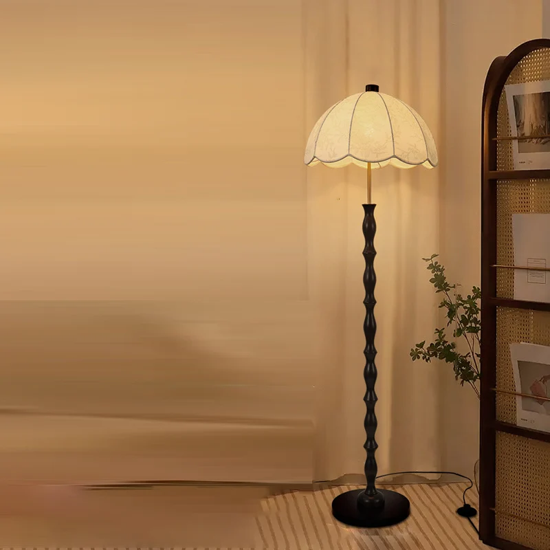 Contemporary Retro Fabric Round Shade Iron Wood 1-Light Standing Floor Lamp For Living Room