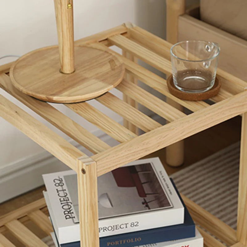 Traditional Japanese Square Pine Wood Glass End Table 2-Tier For Living Room